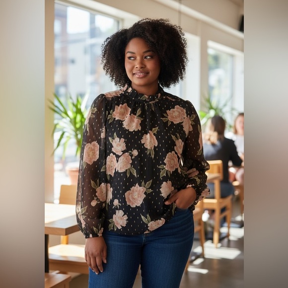 Haver & Blair London-Long Sleeves-High Neck-Lined-Floral Blouse-Gold Fleck-3X - Picture 14 of 14